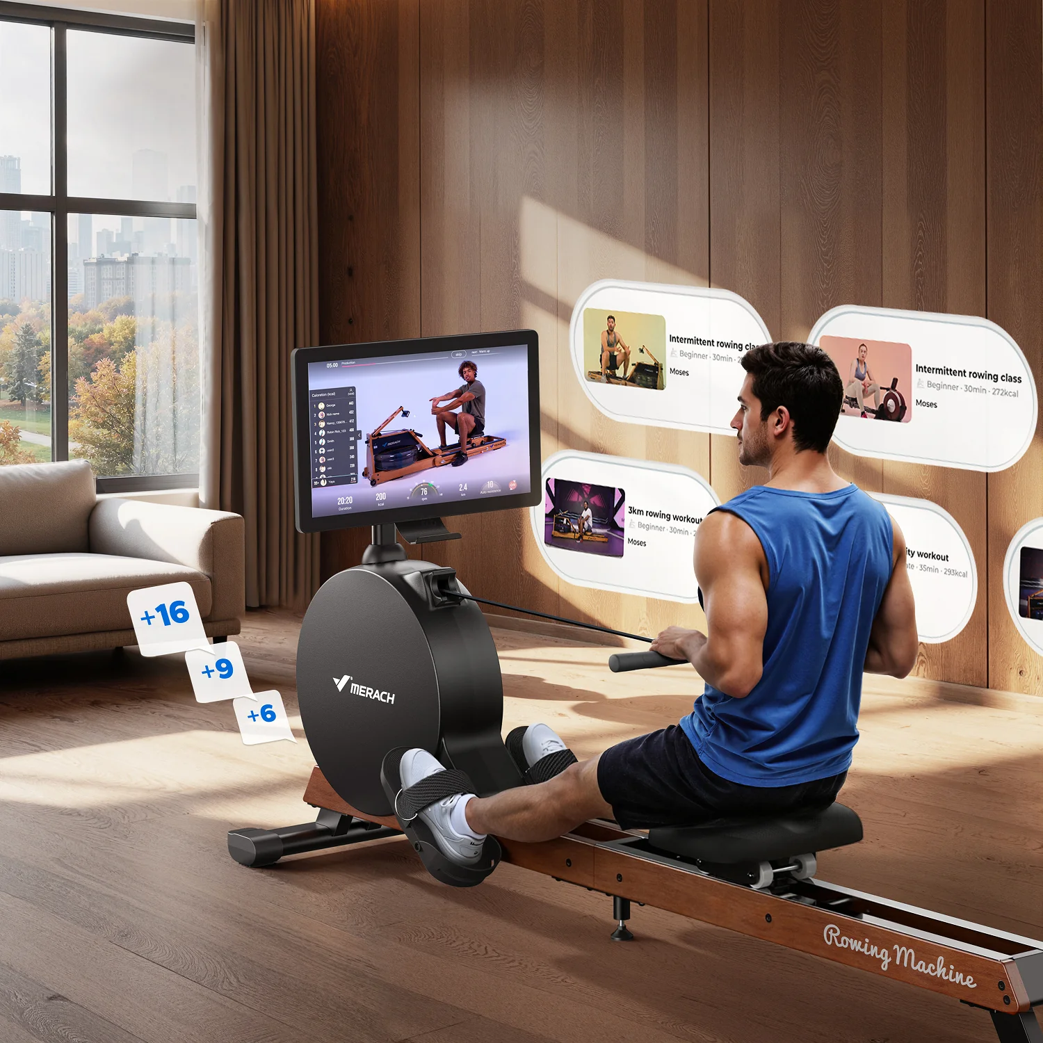 Merach Q3 Aura Rowing Machine with 21.5-inch HD Screen - Image 4